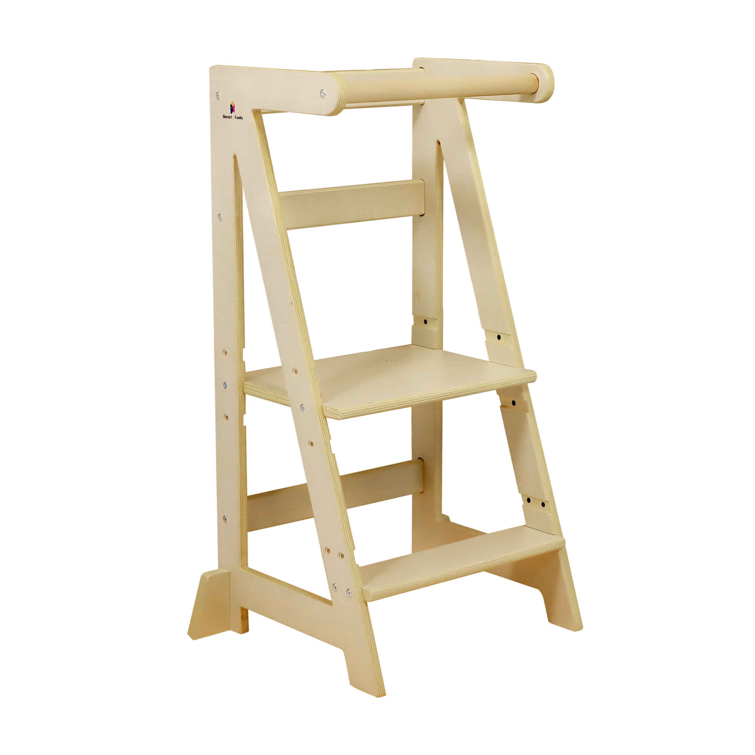 Premium toddler step stool with safety rails. Birch plywood, supports 110lbs, anti-tip base. 3 adjustable heights. Non-toxic, CPC certified. Safe kitchen helper.