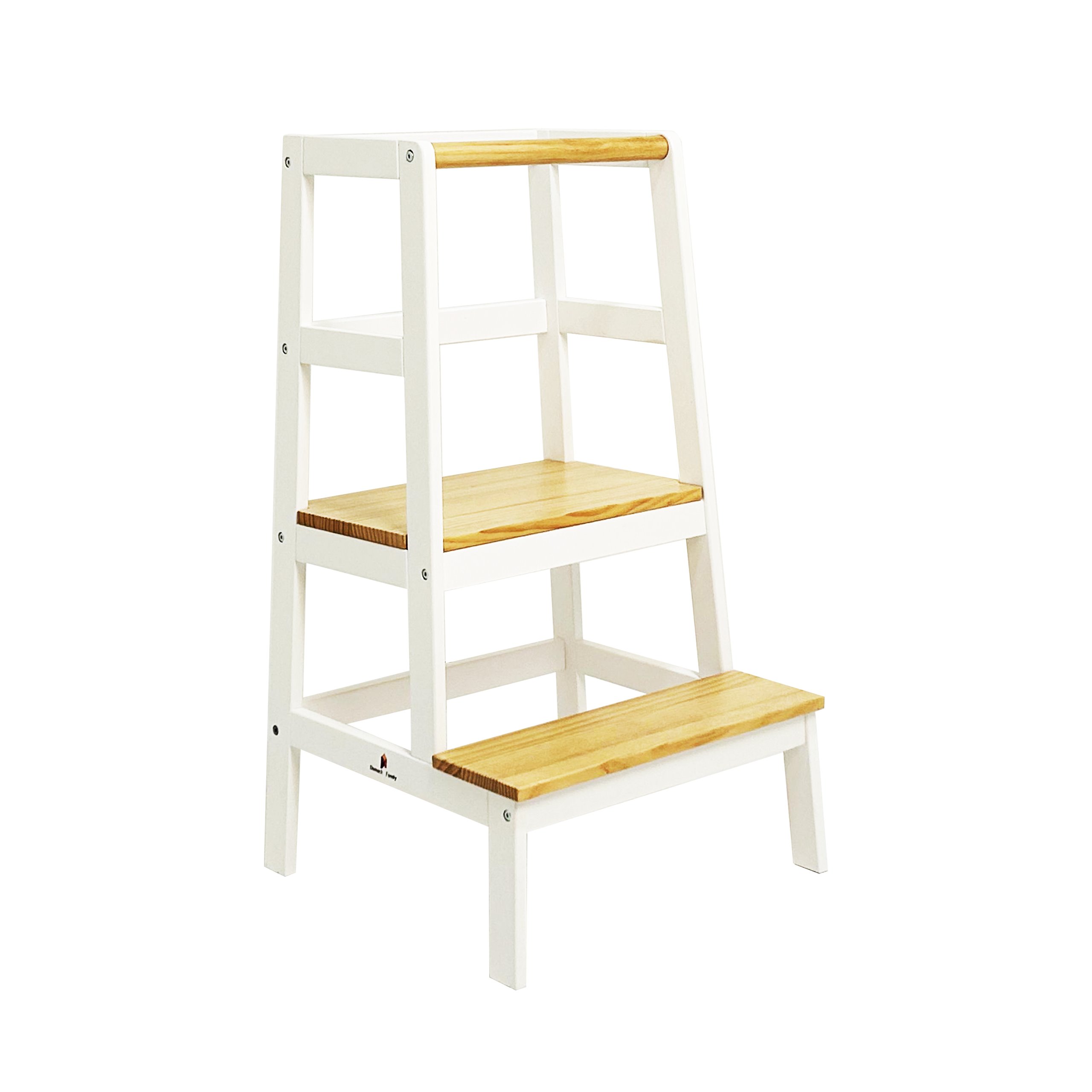 Montessori toddler tower with safety rail. Child-safe coated New Zealand pine. Easy-clean surface.