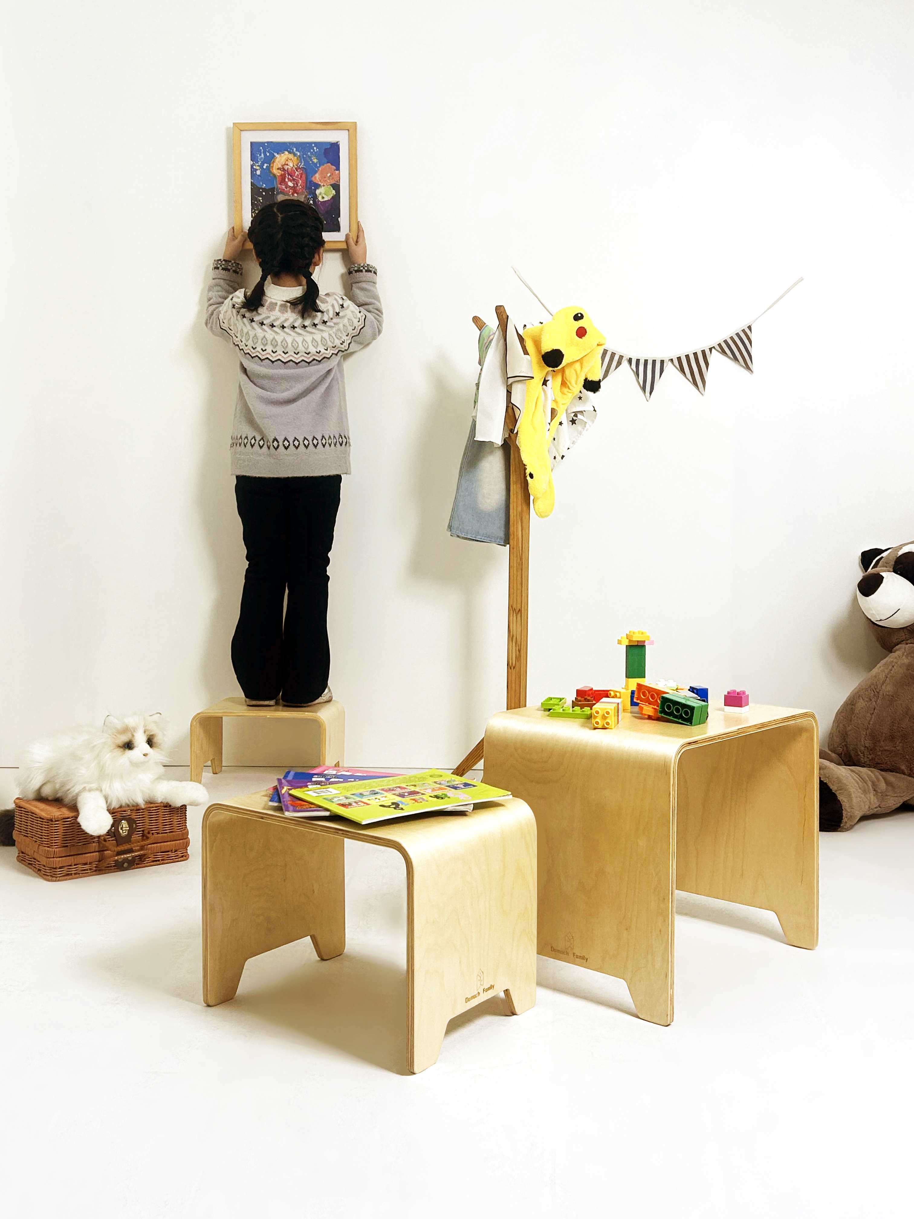 The 3-in-1 stool set can be used as step stools for kids to reach high places
