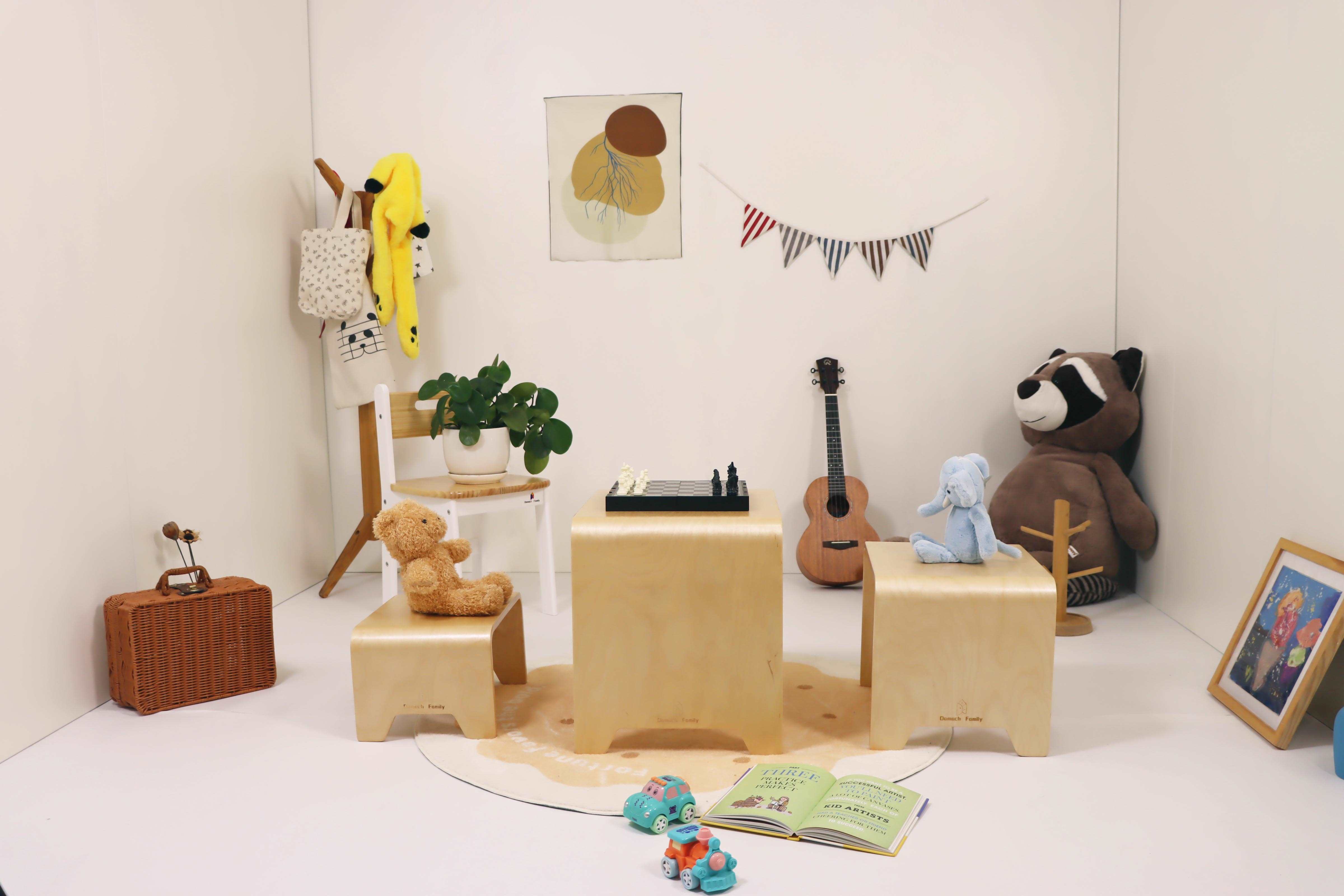 Three stackable wooden stools, Montessori-inspired bentwood design, no assembly needed for kids.