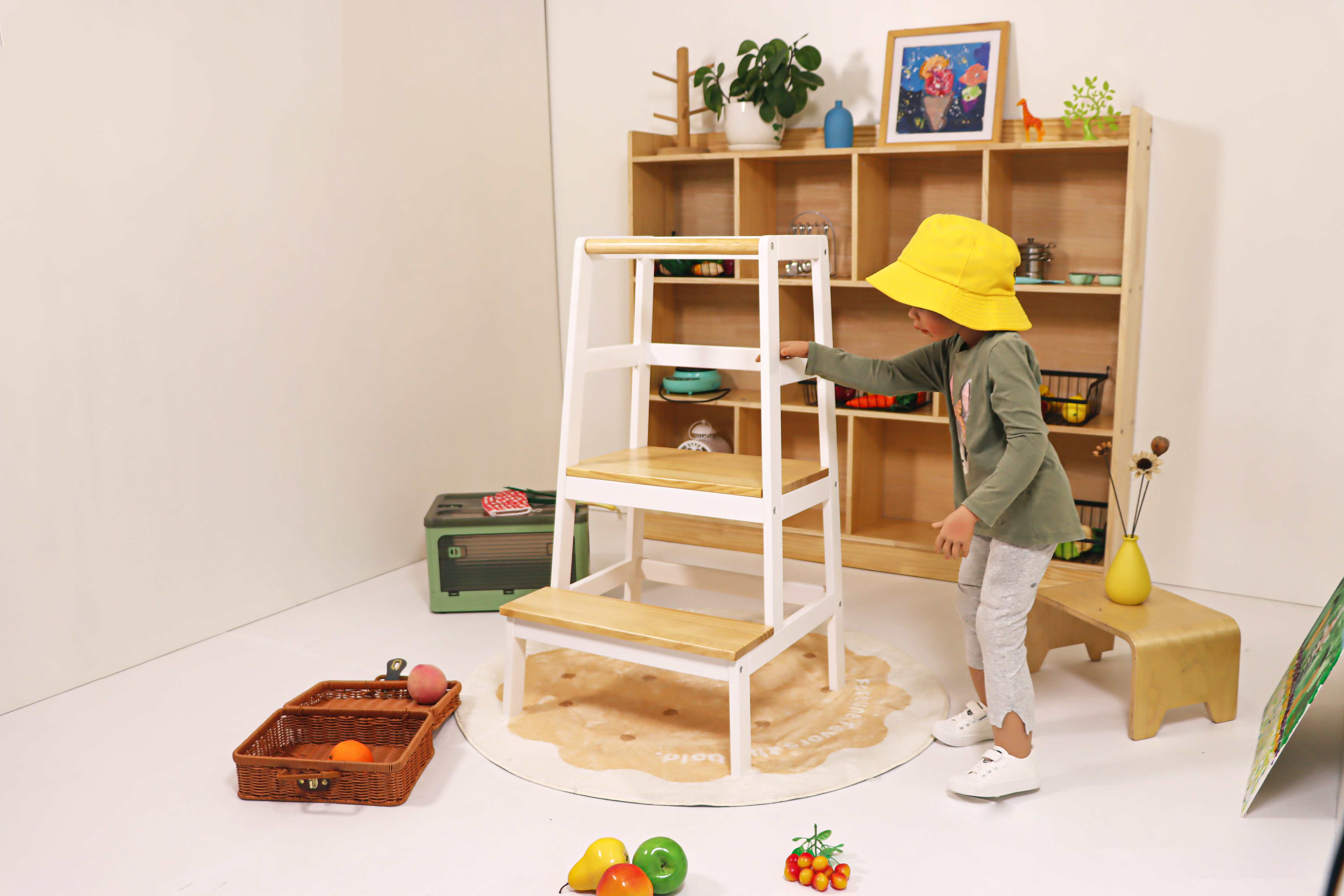 Toddler helper tower – A-Frame design with trapezoid base. Non-toxic, safe. Builds independence and motor skills.