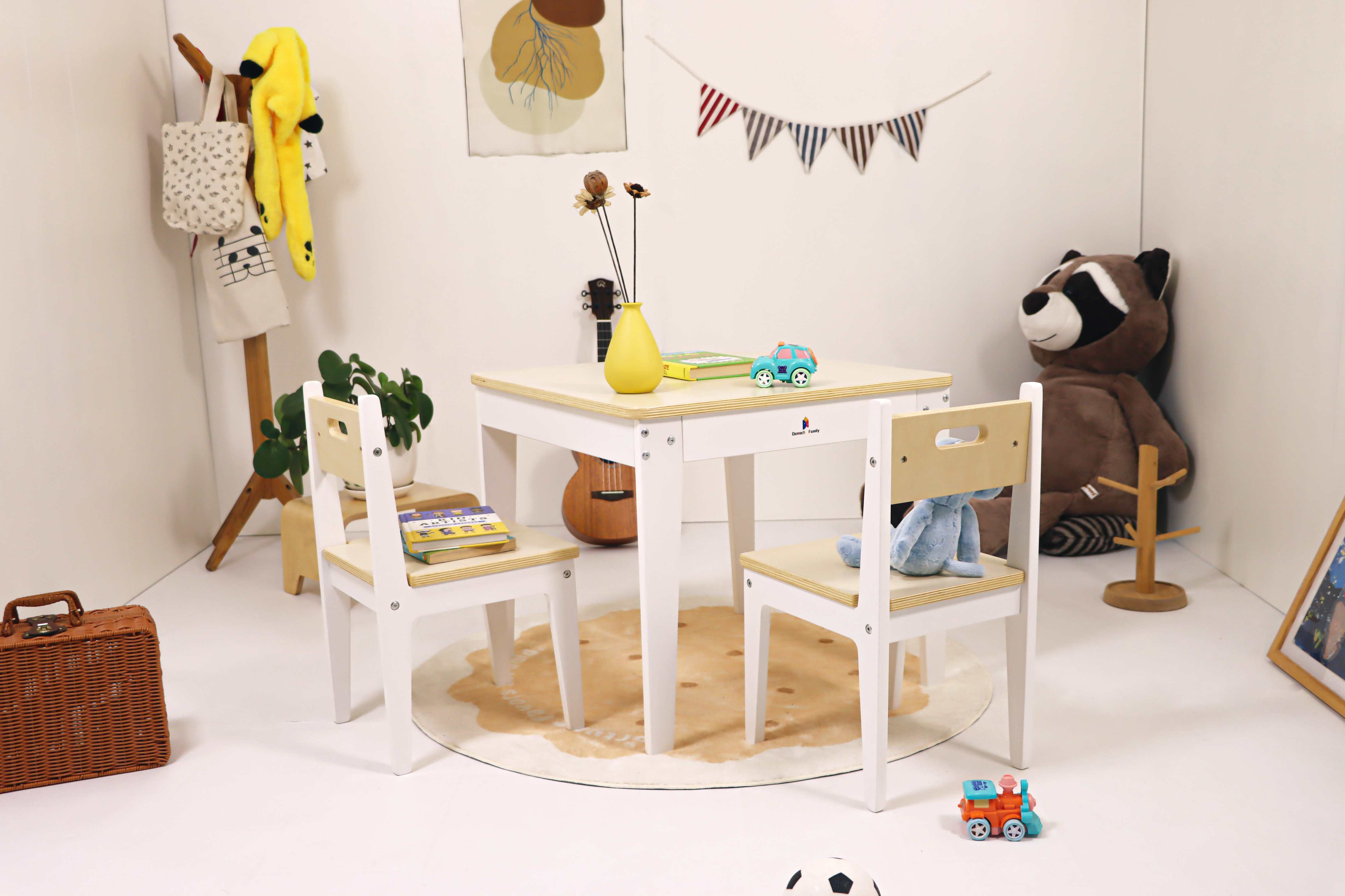 Modern birch plywood kids table and chairs set for Montessori activities and arts. Ages 3+.