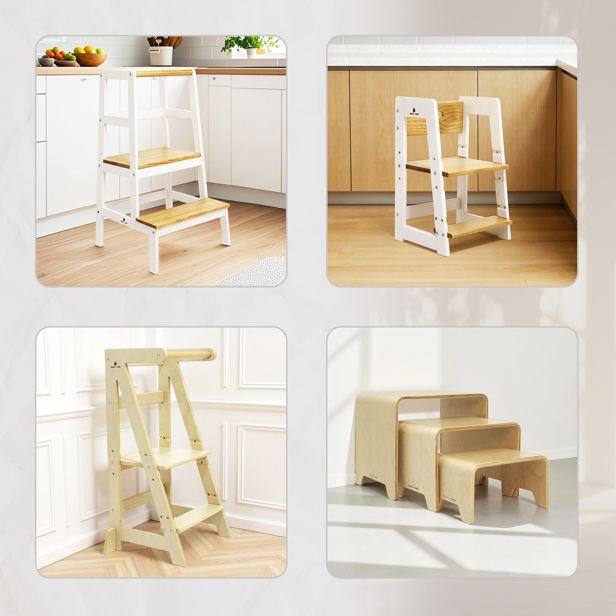 Modern wooden kids learning stool in a bright kitchen, toddler standing safely at counter height with minimalist design