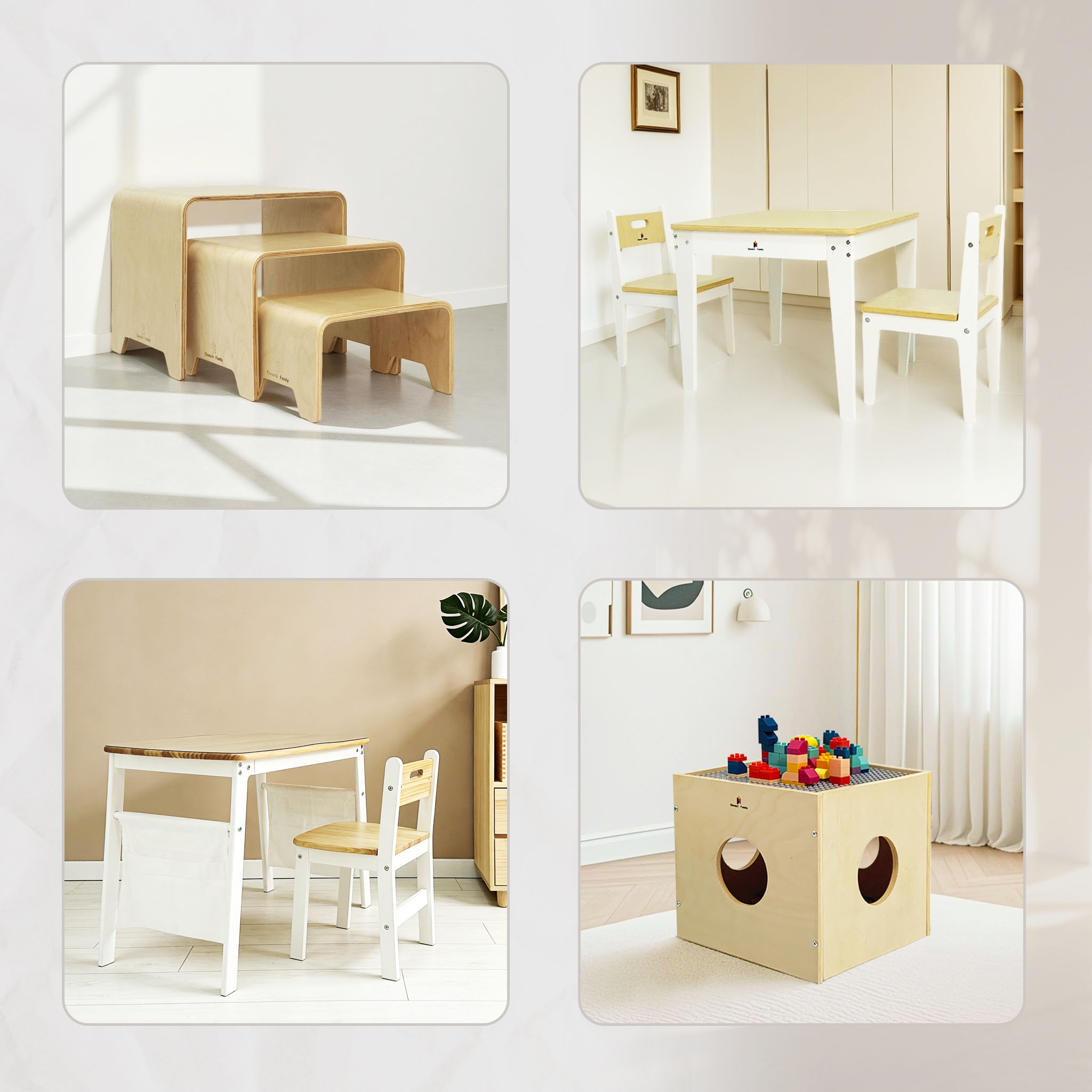 Kids table and chairs set for toddlers to sit, paint and play in a bright playroom
